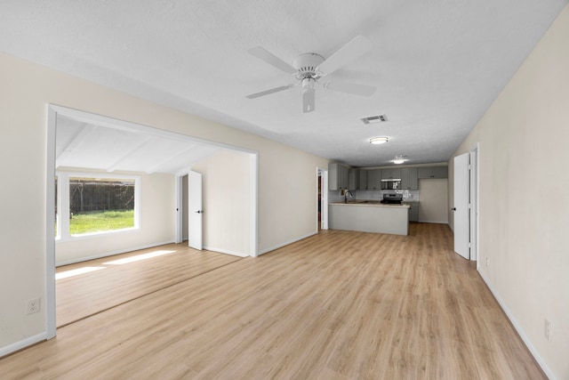 unfurnished living room with light wood finished floors, visible vents, a sink, ceiling fan, and baseboards