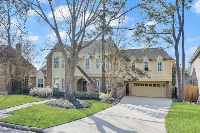 tudor house with a garage, brick siding, driveway, stucco siding, and a front lawn