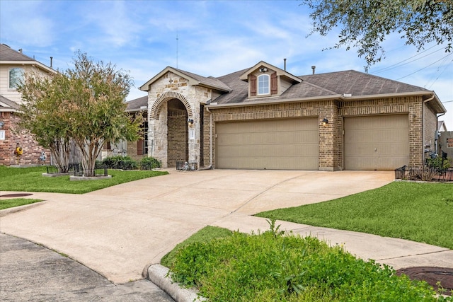 french country style house with an attached garage, roof with shingles, concrete driveway, and brick siding