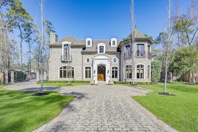 french provincial home featuring a chimney, a front lawn, decorative driveway, and brick siding