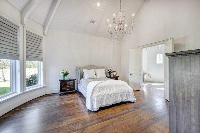 bedroom featuring a chandelier, high vaulted ceiling, visible vents, beam ceiling, and dark wood-style floors