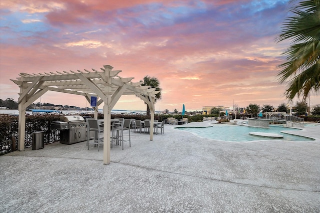 outdoor pool with a patio area, area for grilling, and a pergola