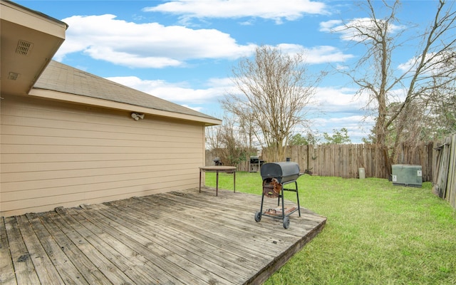 deck featuring fence, a lawn, and area for grilling