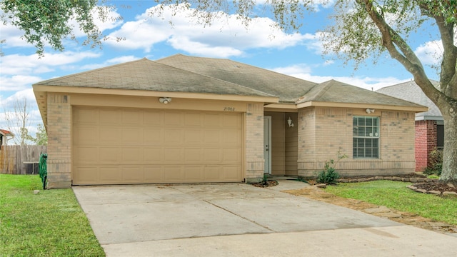 ranch-style house with concrete driveway, an attached garage, fence, central air condition unit, and brick siding