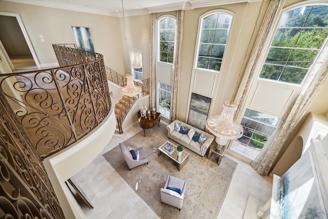 living area with ornamental molding