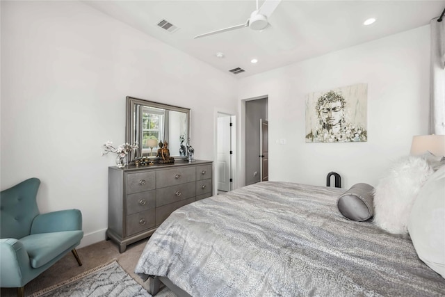 bedroom with recessed lighting, visible vents, a ceiling fan, and light colored carpet