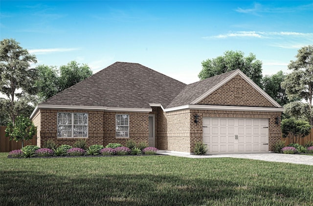 view of front of house with a shingled roof, a front yard, brick siding, and driveway