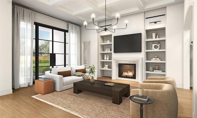 living area with built in features, wood finished floors, a chandelier, a warm lit fireplace, and coffered ceiling