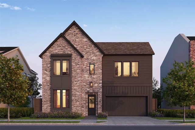 view of front of property with a garage, driveway, roof with shingles, board and batten siding, and brick siding