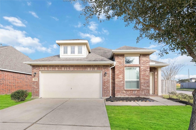 view of front of home featuring concrete driveway, brick siding, a front lawn, and an attached garage