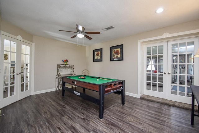 playroom with dark wood-style floors, french doors, visible vents, and baseboards