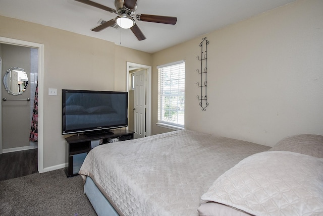 bedroom with carpet floors, a closet, baseboards, and a ceiling fan