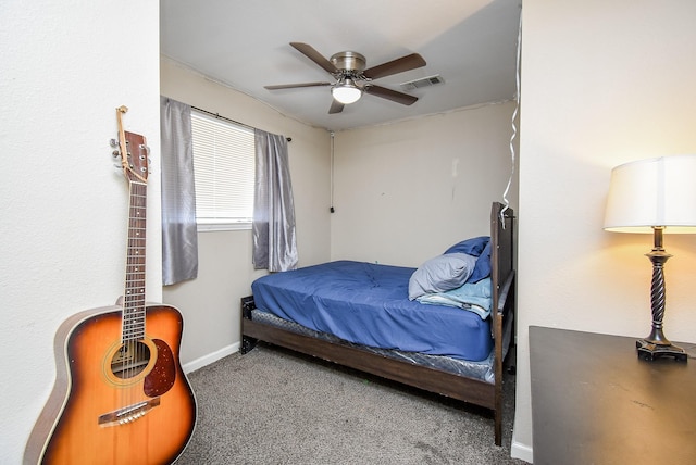 bedroom featuring carpet floors, a ceiling fan, visible vents, and baseboards