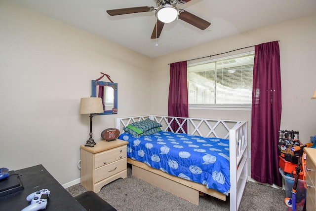 bedroom featuring carpet floors, ceiling fan, and baseboards