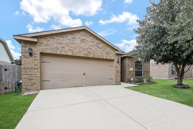 single story home with an attached garage, brick siding, fence, concrete driveway, and a front lawn