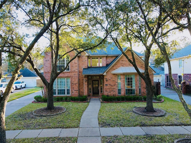 traditional-style house featuring brick siding and a front lawn