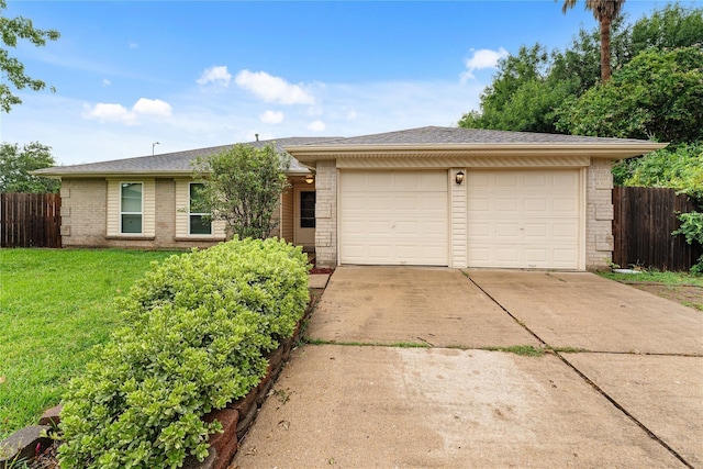 ranch-style home with driveway, brick siding, an attached garage, and fence