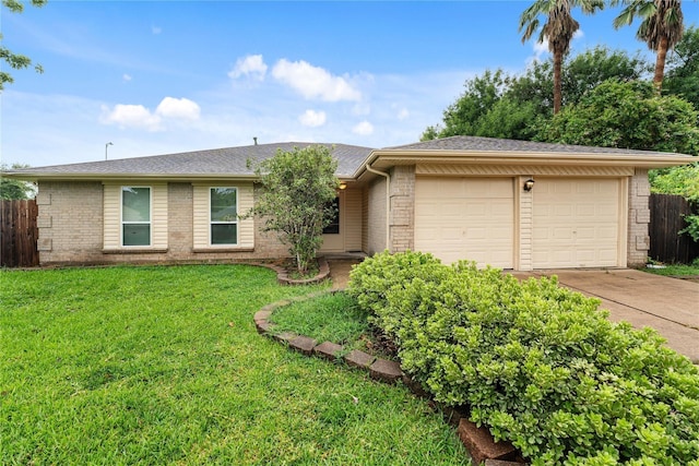 ranch-style house with an attached garage, brick siding, fence, driveway, and a front yard