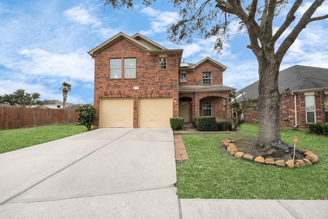 traditional-style house featuring driveway, an attached garage, fence, a front lawn, and brick siding