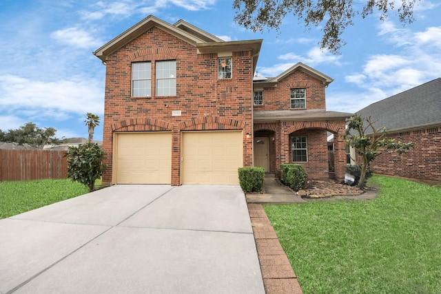 traditional home with brick siding, concrete driveway, an attached garage, fence, and a front lawn