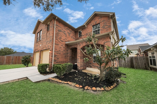 view of front of house featuring a garage, driveway, fence, a front lawn, and brick siding