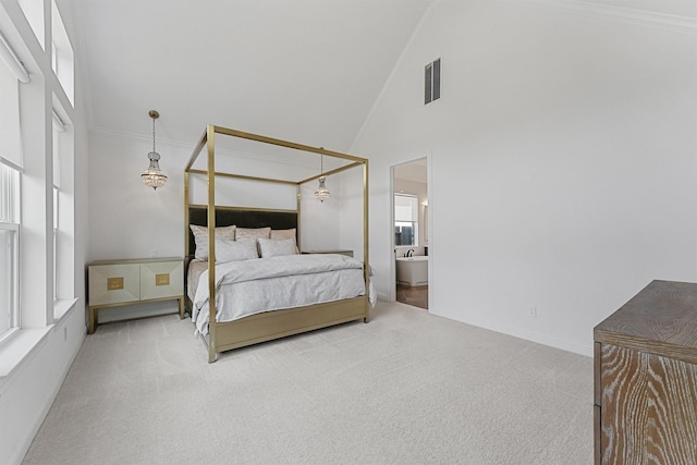 bedroom featuring high vaulted ceiling, carpet floors, visible vents, baseboards, and ornamental molding