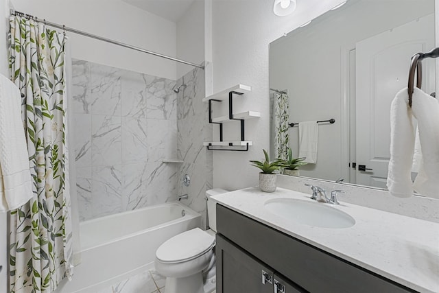 bathroom with toilet, shower / bath combo with shower curtain, and vanity