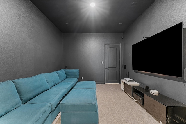 carpeted home theater with a textured wall