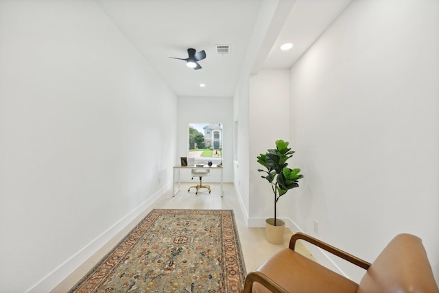 office featuring baseboards, visible vents, ceiling fan, and recessed lighting