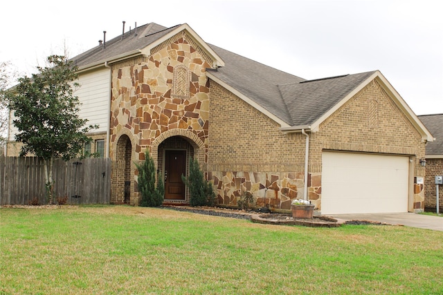 view of front facade with stone siding, a front lawn, an attached garage, and fence