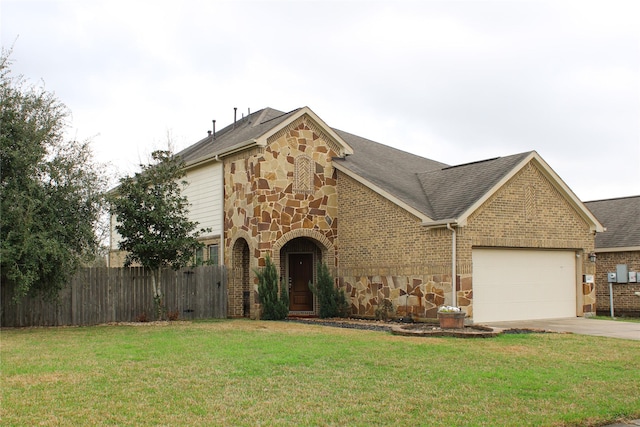 view of front of house with an attached garage, fence, stone siding, driveway, and a front lawn