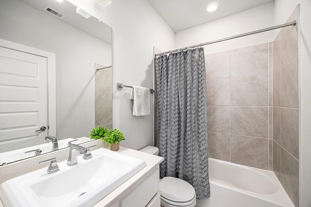 full bath featuring shower / bath combo, visible vents, vanity, and toilet