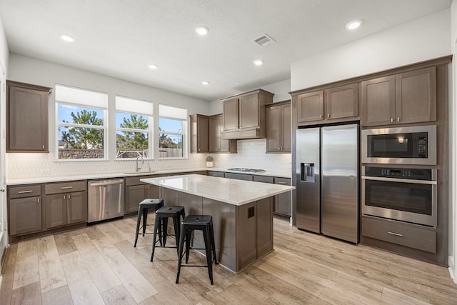 kitchen with a center island, a breakfast bar, light wood-style flooring, appliances with stainless steel finishes, and a sink