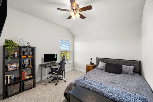 bedroom featuring lofted ceiling, baseboards, a ceiling fan, and light colored carpet