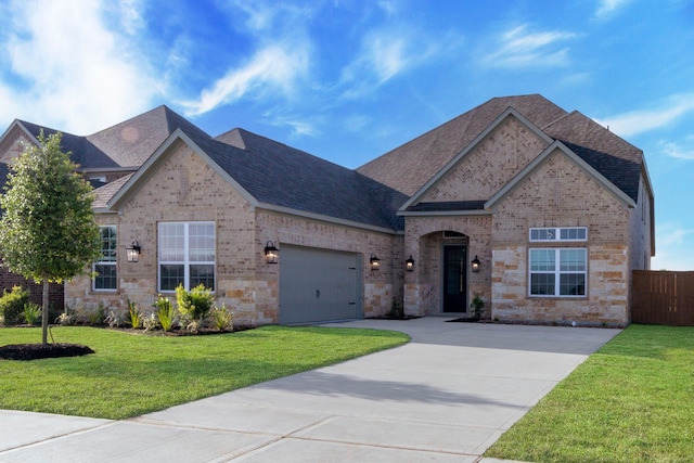 view of front of house with an attached garage, a shingled roof, a front lawn, and brick siding