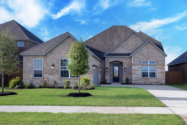 view of front facade featuring brick siding, roof with shingles, fence, stone siding, and a front lawn