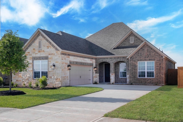 french country home with brick siding, a shingled roof, an attached garage, driveway, and a front lawn