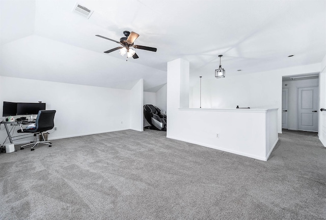 office with lofted ceiling, visible vents, a ceiling fan, carpet flooring, and baseboards