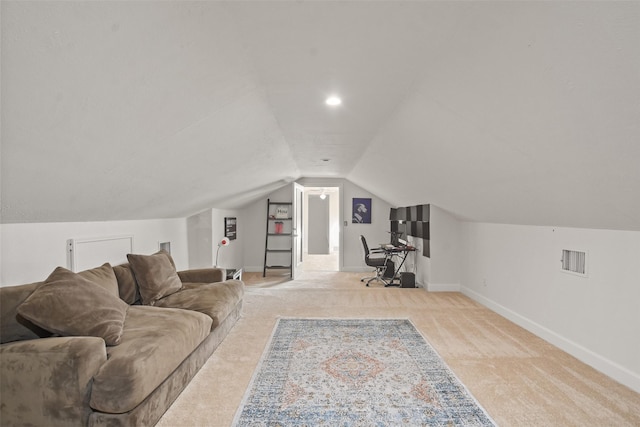 living room featuring light carpet, baseboards, visible vents, and lofted ceiling