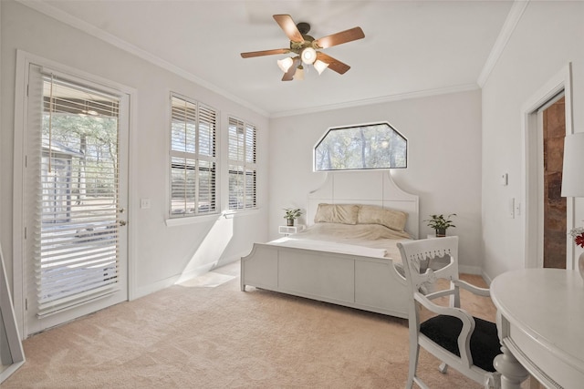 bedroom with crown molding, light carpet, ceiling fan, access to outside, and baseboards