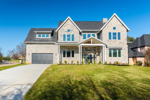 view of front facade featuring a garage, a front yard, concrete driveway, and a chimney