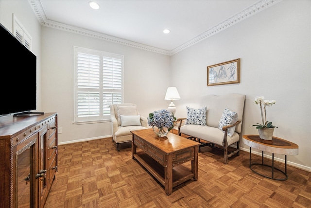 living room featuring ornamental molding, recessed lighting, and baseboards