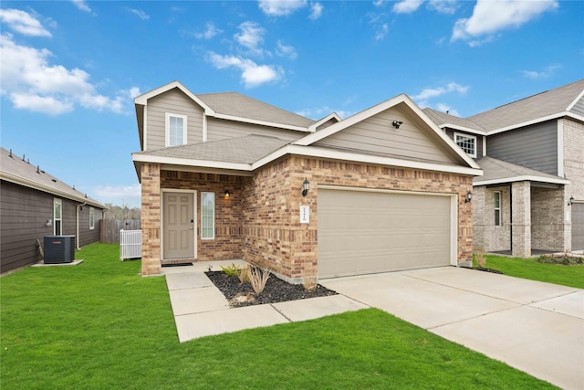 view of front facade featuring an attached garage, cooling unit, brick siding, concrete driveway, and a front lawn