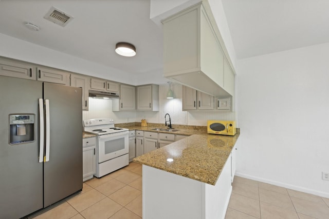 kitchen with under cabinet range hood, a peninsula, white appliances, a sink, and visible vents