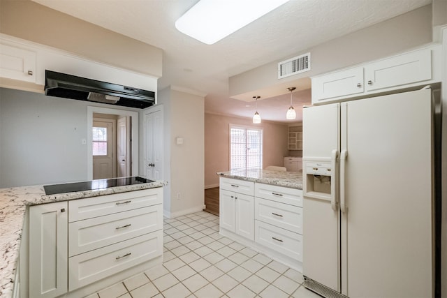 kitchen featuring white refrigerator with ice dispenser, decorative light fixtures, black electric stovetop, visible vents, and white cabinets