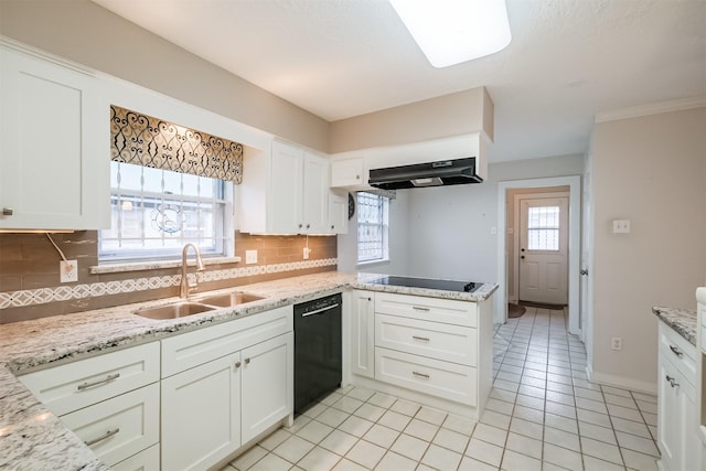 kitchen with black appliances, a sink, white cabinets, and under cabinet range hood