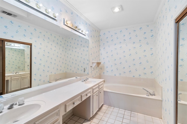 bathroom featuring a garden tub, crown molding, a sink, tile patterned flooring, and wallpapered walls