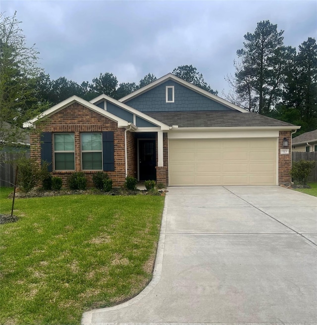 craftsman house featuring a garage, a front lawn, concrete driveway, and brick siding