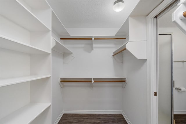 walk in closet with dark wood-style flooring