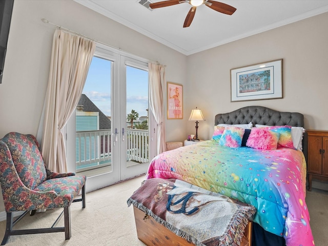1250 Oahu Dr, Tiki Island, TX 77554 - carpeted bedroom with crown molding, a ceiling fan, visible vents, and access to exterior